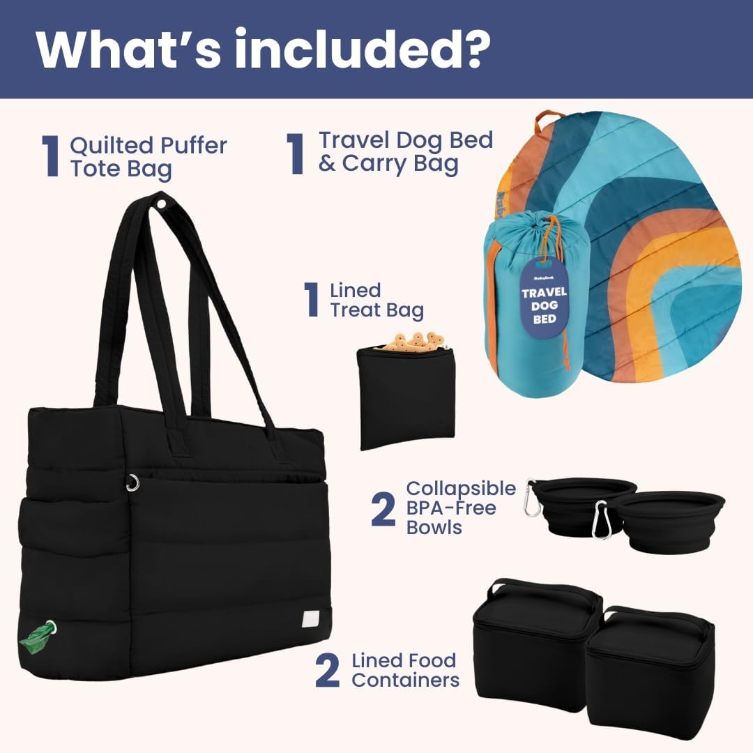 rubyloo Dog Mom Bundle - Puffer Tote with Storage Containers (Black) and Foldable Travel Bed (Sunset Surf Teal) - Travel Bag and Cozy Mat Set
