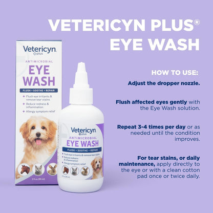 Vetericyn Plus Dog and Cat Eye Wash | Eye Drops for Dogs and Cats to Flush and Soothe Eye Irritations, Dog Tear Stain Cleaner, Safe for All Animals. 3 Ounces