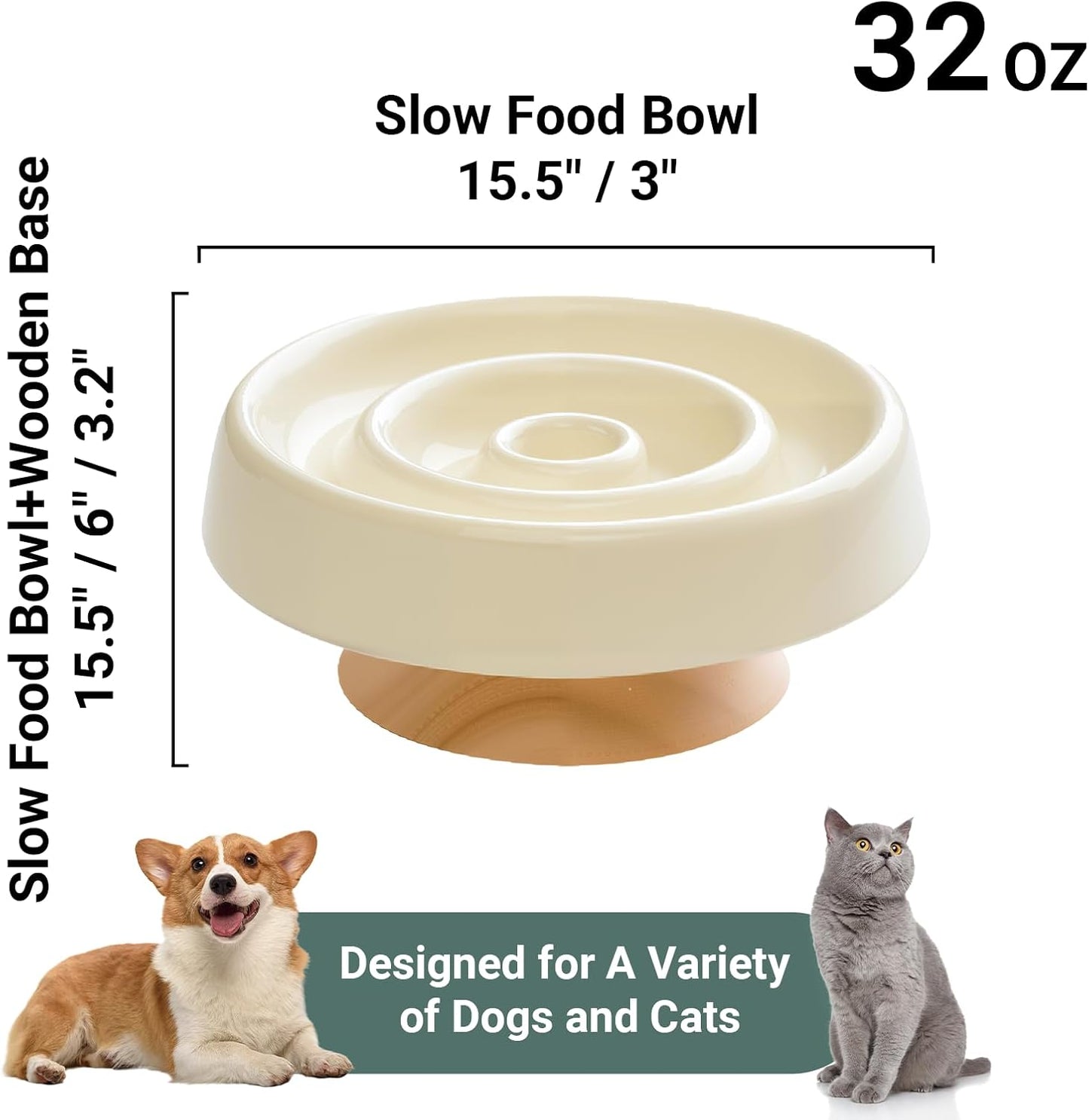 Ceramic Slow Feeder Dog Bowls Food and Water,Anti-Slip Concave and Convex Elevated Wooden Seat,Puzzle Lick Mat Feeder for Small Medium Large Breed Dog and Cat Essentials