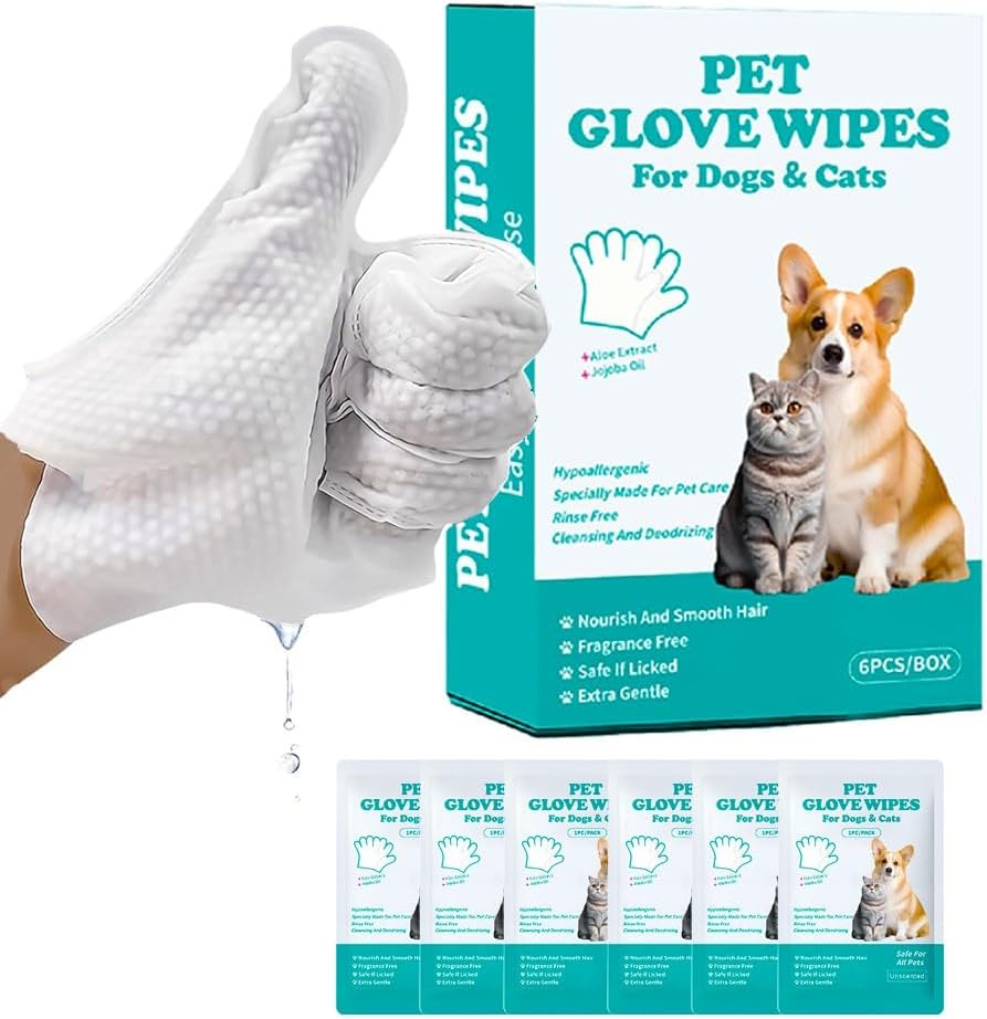 Pet Cleaning Glove Wipes for Dogs & Cats 6 PCS Individual Packed Unscented Dog Wipes Cleaning Deodorizing Gloves Pet Face and Body Disposable Bathing Wet Glove Wipes for Fur Ears Paws Butt
