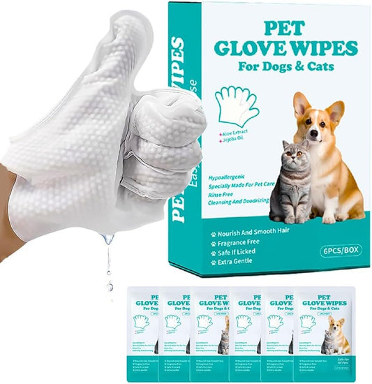 Pet Cleaning Glove Wipes for Dogs & Cats 6 PCS Individual Packed Unscented Dog Wipes Cleaning Deodorizing Gloves Pet Face and Body Disposable Bathing Wet Glove Wipes for Fur Ears Paws Butt