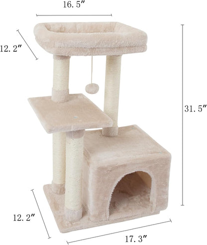 FISH&NAP Cute Cat Tree Kitten Cat Tower for Indoor Cat Condo Sisal Scratching Posts with Jump Platform Cat Furniture Activity Center Play House Beige