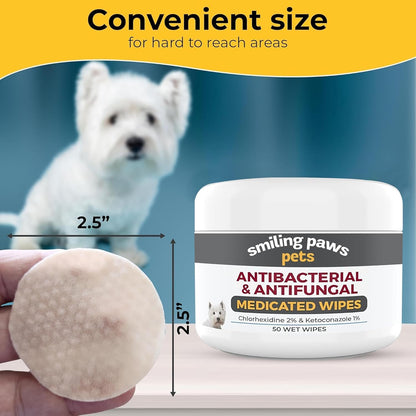 Smiling Paws Pets - Antibacterial & Antifungal Wipes for Dogs & Cats (with Chlorhexidine & Ketoconazole)