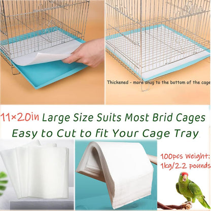 Firdnyohs 100PCS Bird Cage Liner Papers, Disposable Cage Paper Liners Precut Absorbent Cushion Pad Mat Accessories for Pet Bird Parrot (White)