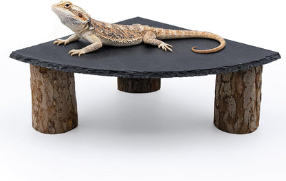 Bearded Dragon Tank Accessories, Basking Platform with Slate Rock and Wooden Pile, Leopard Gecko Hides and Caves, Reptile Tank Accessories for Bearded Dragons, Geckos, Ball Pythons, Tortoise