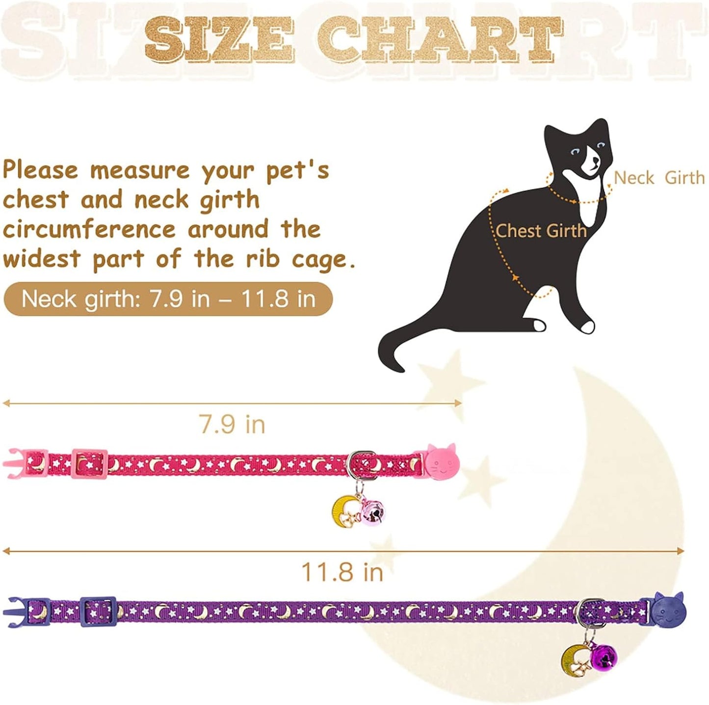KOOLTAIL Cat Collar Breakaway with Bells - 6 Pack Glow in The Dark - Stars & Moon Charm Pendent Pet Reflective Collars Ideal for Kitten Cats Puppy