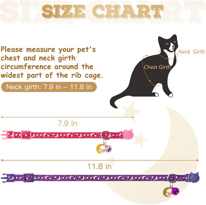 KOOLTAIL Cat Collar Breakaway with Bells - 6 Pack Glow in The Dark - Stars & Moon Charm Pendent Pet Reflective Collars Ideal for Kitten Cats Puppy