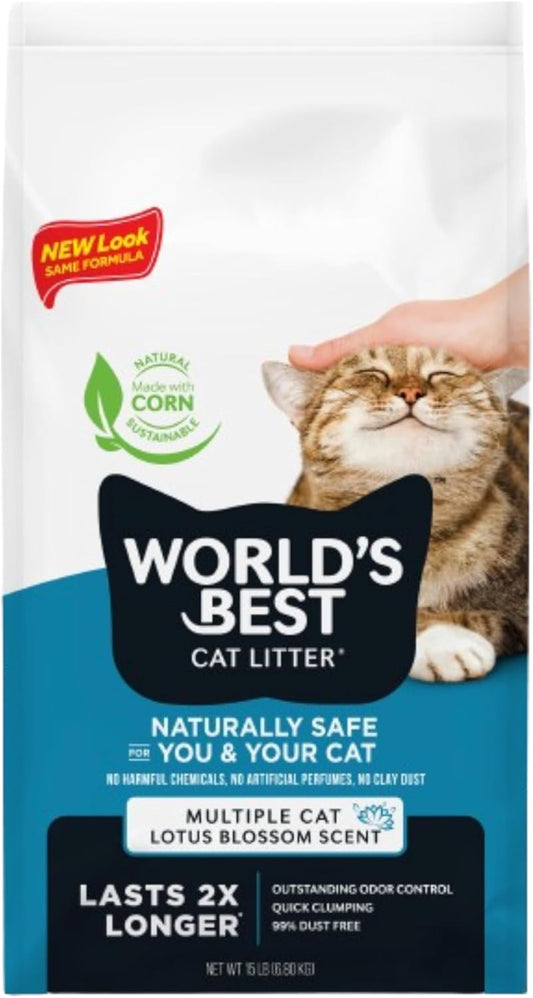 WORLD'S BEST CAT LITTER Multiple Cat Lotus Blossom Scented 15-Pounds - Natural Ingredients, Quick Clumping, Flushable, 99% Dust Free & Made in USA - Floral Fragrance & Long-Lasting Odor Control