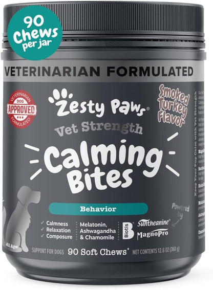 Zesty Paws Vet Strength Calming Chews for Dogs - for Everyday Stress, Relaxation, Composure, and Separation Smoked Turkey 90 Count