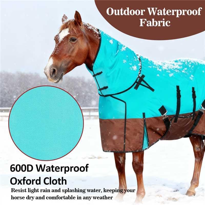 72" Horse Blankets Winter for Real Horses, 600D Waterproof & No Filling Turnout Sheet with Removable Neck Cover, Windproof Tail Flap and Belly Wrap, Suitable for Stables, Pastures and All-Weather Use