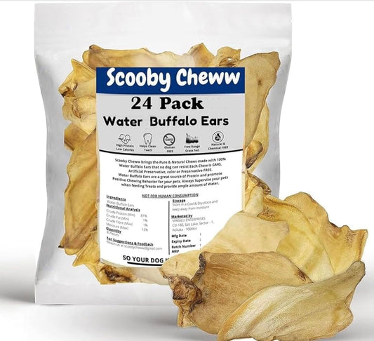 100% Natural Pet Treats 24 Pack Grass Fed Water Buffalo Ears for Dog Unbleached High Protein Beef Cow Ears for Dogs Safe Rawhide Dog Treat Suitable for Small, Medium & Large Breeds Dogs Chews