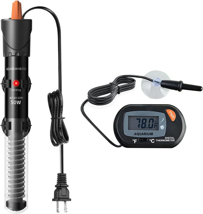 HiTauing Aquarium Heater 25W/50W/100W/200W/300W, Adjustable Knob Fish Tank Heater with Digital Thermometer, Submersible Betta/Turtle Tank Heater for Freshwater and Saltwater Tanks