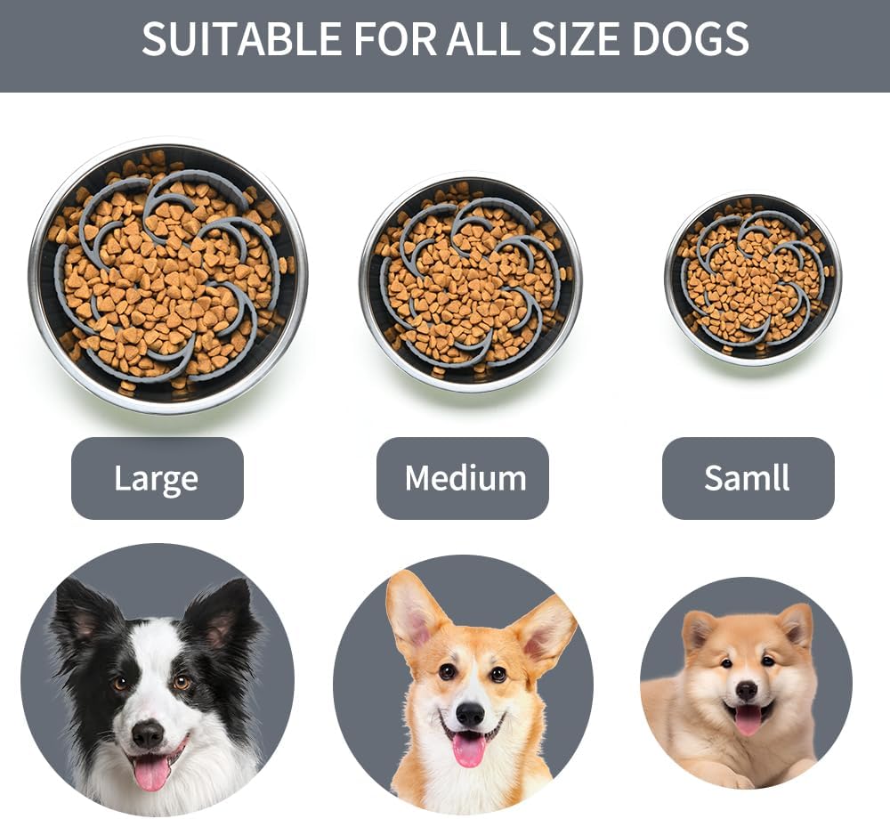 Slow Feeder Dog Bowls Insert,Third Generation upgradedSuper Firm Eating Bowl（Cuttable） for Large Breed and Medium Small Size Compatible with Regular Elevated Metal Glass Dog Bowl (Gray)