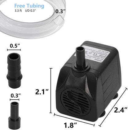 alizzy 150GPH Small Submersible Water Pump(570L/H, 10w), Ultra Quiet Fountain Pump with Tubing for Aquarium, Fish Tank, Pond Fountain, Water Feature, and Hydroponics