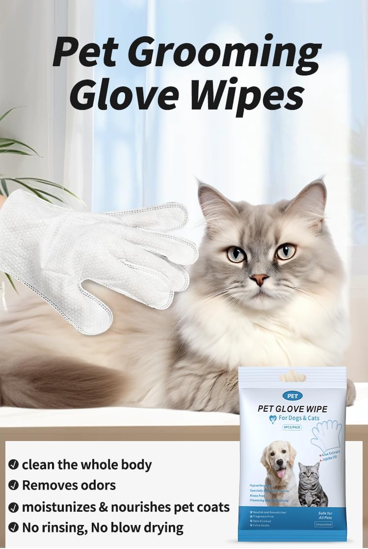 Disposable pet Cleaning Gloves Wet Wipes, Suitable for Daily Cleaning and Travel use. Two Packs of unscented Glove Wet Wipes (Blue Packaging, 12 Pieces Each)