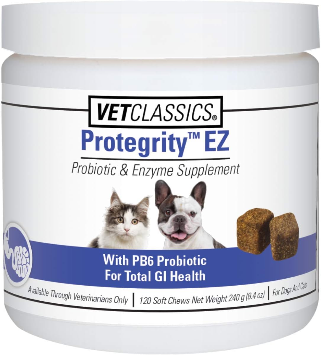 Vet Classics Protegrity EZ Probiotic Health Supplements for Dogs, Cats – Dog Digestive Support, Pet Gastrointestinal Health, Cat Stomach, Intestinal Balance – Pet Enzymes – 120 Soft Chews