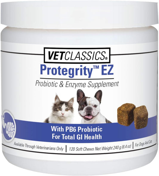 Vet Classics Protegrity EZ Probiotic Health Supplements for Dogs, Cats – Dog Digestive Support, Pet Gastrointestinal Health, Cat Stomach, Intestinal Balance – Pet Enzymes – 120 Soft Chews