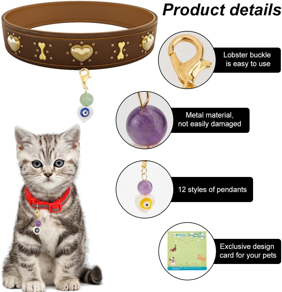 DELORIGINl 12pcs Evil Eye Pet Collar Charms Pendants Heart Shaped Round Evil Eye Gemstone Collar Charms Cat Dog Collar Pendant Decorative Keychain Versatile for Pet Collar Bracelet