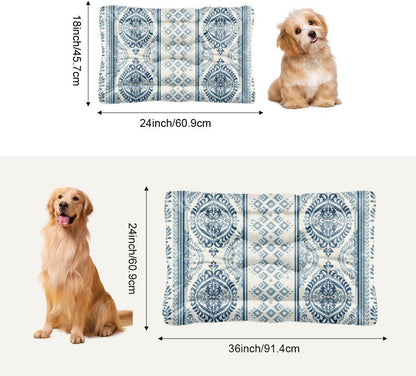 Blue Damask Stripe Washable Dog Bed for Crate Dogbed Mat Pet Crate Pad Pet Bed for Washable Non-Slip Dog Beds Crates Medium Size Tear-Resistant Mat Puppy Indoor Outdoor 36X24 Inch