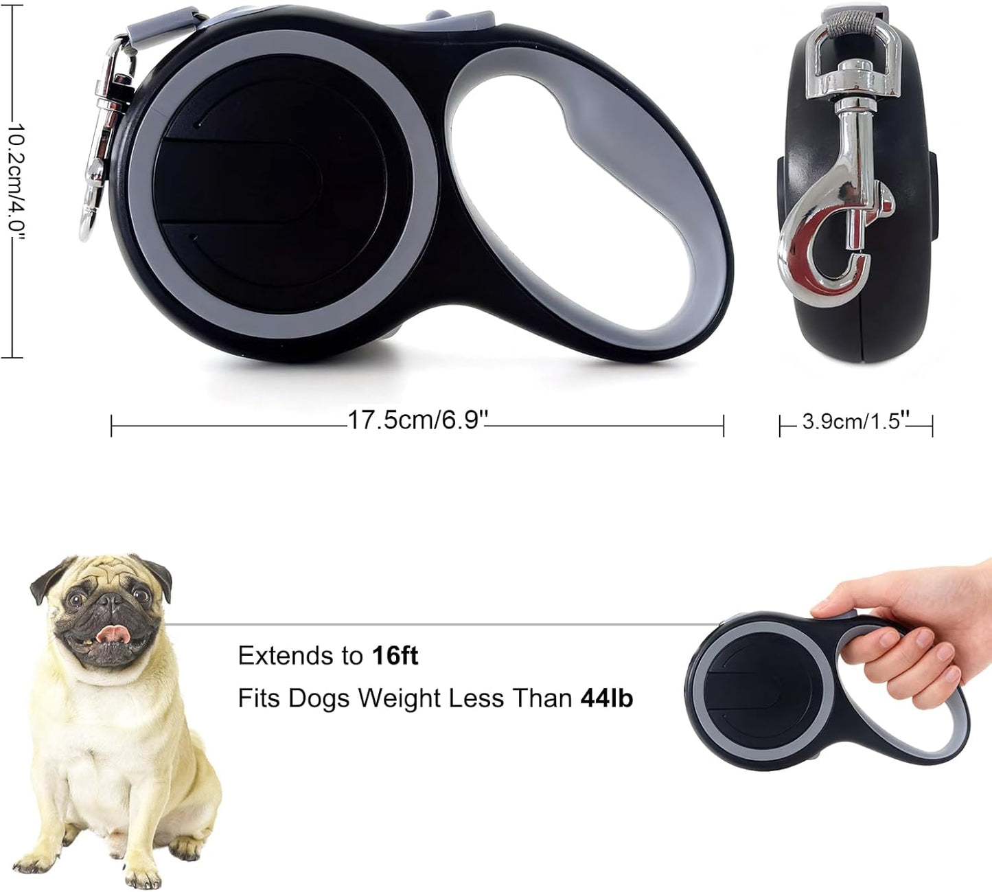 Retractable Dog Leash 16 FT Walking Leash Up to 44 lb, 360° Tangle-Free Dog Leashe, Strong Nylon Tape No Tangle, Explosion-Proof Carabiner, Anti-Slip Handle (Black, 16FT)