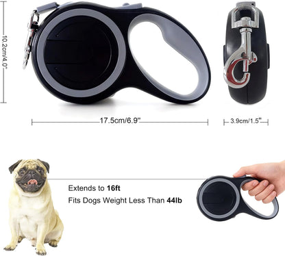 Retractable Dog Leash 16 FT Walking Leash Up to 44 lb, 360° Tangle-Free Dog Leashe, Strong Nylon Tape No Tangle, Explosion-Proof Carabiner, Anti-Slip Handle (Black, 16FT)