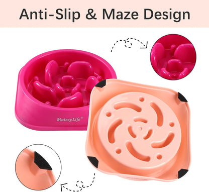 MateeyLife Slow Feeder Dog Bowls 2PCS, Anti-Choking Puzzle Dog Food Bowls, Anti-Slip Interactive Feeding Slow Down Eating, Bloat Stop Maze Dishes for Medium Breeds Pink&Purple
