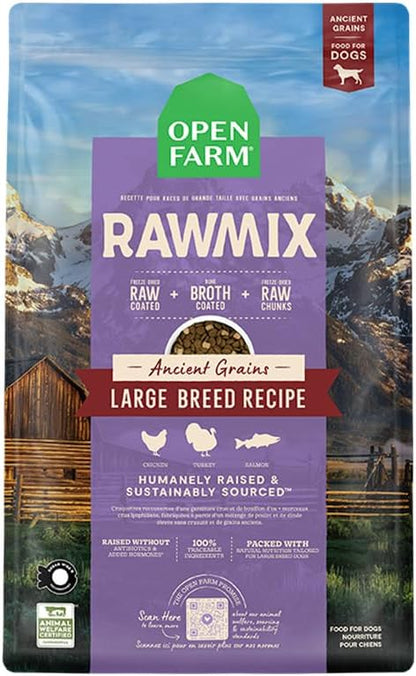 Open Farm, RawMix Dry Dog Food with Ancient Grains for Large Breeds, Protein-Packed Kibble Coated in Bone Broth with Freeze Dried Raw Chunks, Salmon Chicken & Turkey, Large Breed Recipe, 20lb Bag