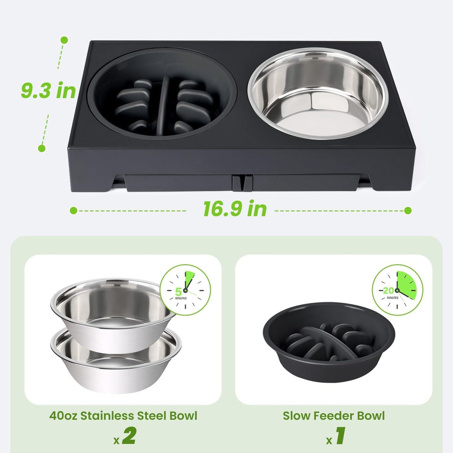 Heeyoo Elevated Dog Bowls - 5 Adjustable Heights Stand, 2 Stainless Steel Bowls & 1 Slow Feeder, 3.2" to 12.2" for Small to Large Dogs