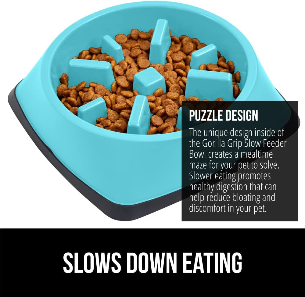 GORILLA GRIP Stainless Steel Dog Bowls, 1Cup, Turquoise and Slow Feeder, 1Cup, Turquoise Bundle