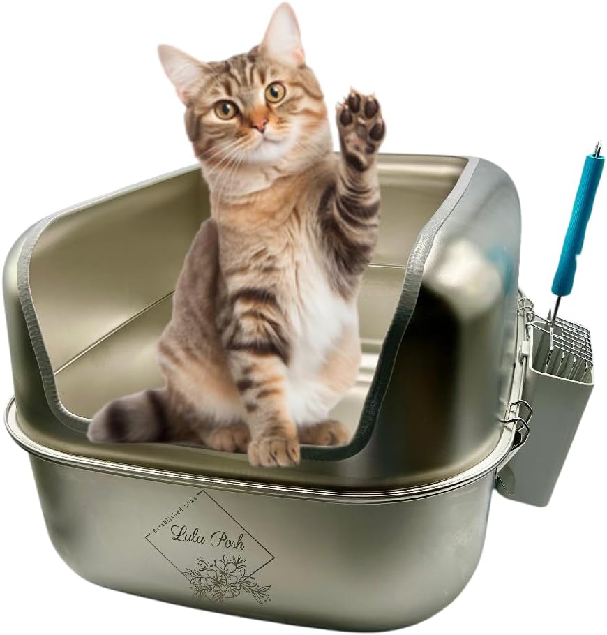 Extra-Large Metal Stainless Steel Litter Box with Stainless Detachable High Enclosure, *Exclusive* Soft-Handled Scoop with Mounted Side Box. Easy Clean, Reduces Scattering, Odor Resistant.