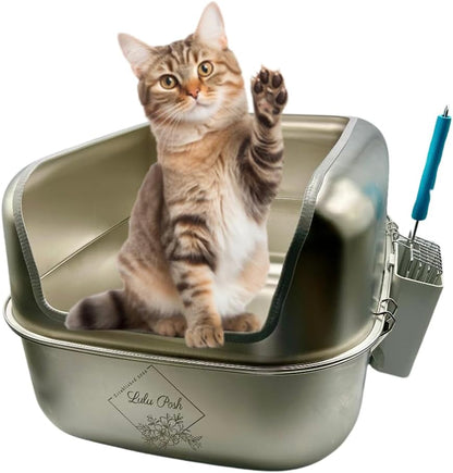 Extra-Large Metal Stainless Steel Litter Box with Stainless Detachable High Enclosure, *Exclusive* Soft-Handled Scoop with Mounted Side Box. Easy Clean, Reduces Scattering, Odor Resistant.