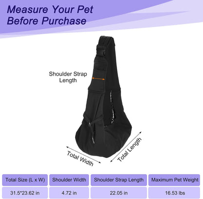 Dog and Cat Sling Carrier Up to 16.5 Lbs, Hand-Free Reversible Pet Sling Carrier with Adjustable Strap and Pocket, (Black, 1 Pcs) Intended for Hiking/Camping/Traveling