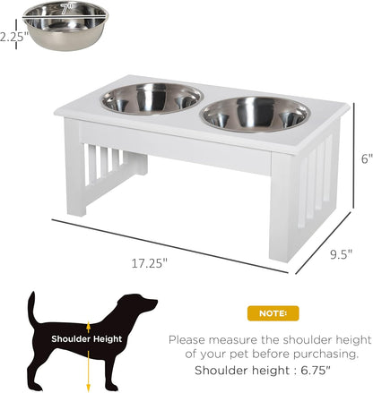 GREAZ Elevated Dog Feeding Station for Small Puppies, Stainless Steel Bowls & Modern Wooden Frame, White