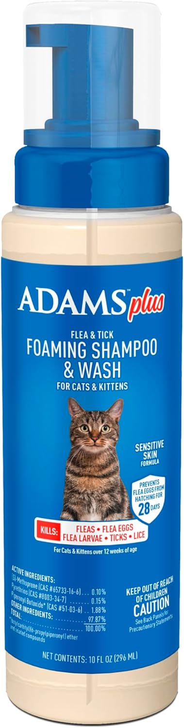 ADAMS Plus Flea & Tick Foaming Shampoo & Wash for Cats & Kittens Over 12 Weeks, Sensitive Skin Flea Treatment for Cats & Kittens, Kills Adult Fleas, Ticks and Lice On Contact, 10 Ounces