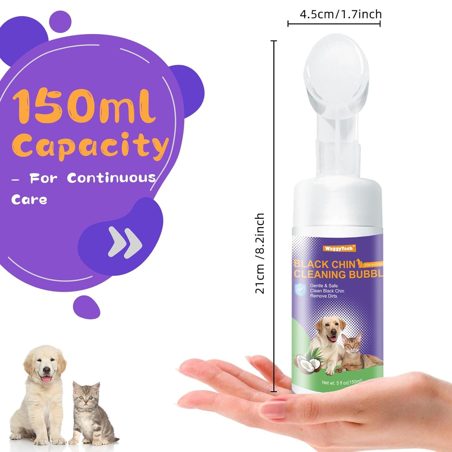 Cat Black Chin Cleaner 5fl.oz, Cruelty-Free Cat Acne Chin Treatment with Soft Silicone Brush Head, Removes Feline Blackheads, 2 in1 Hair Health Cleaner-Oil | Dirt-(White)