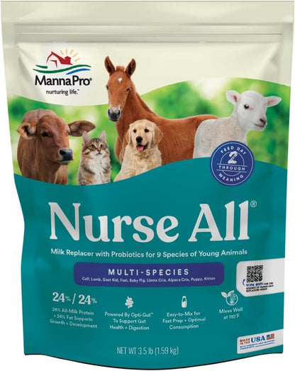 Manna Pro Nurse All Multi-Species Milk Replacer, Great for Calves, Lambs, Goat Kids, Foals, Baby Pigs, Llamas, Alpaca Crias, Puppies & Kittens, Provides Complete Nutrition, 3.5 lb
