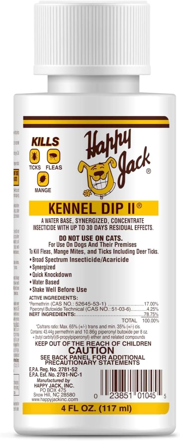 Happy Jack Kennel Dip Dog Flea and Tick Treatment & Prevention, Made in USA, Spray Yard & Home 30-Day Control, Kills Fleas, Ticks, Deer Ticks, Mange, Lice, for Puppies, Small to Large Dogs (4 oz)