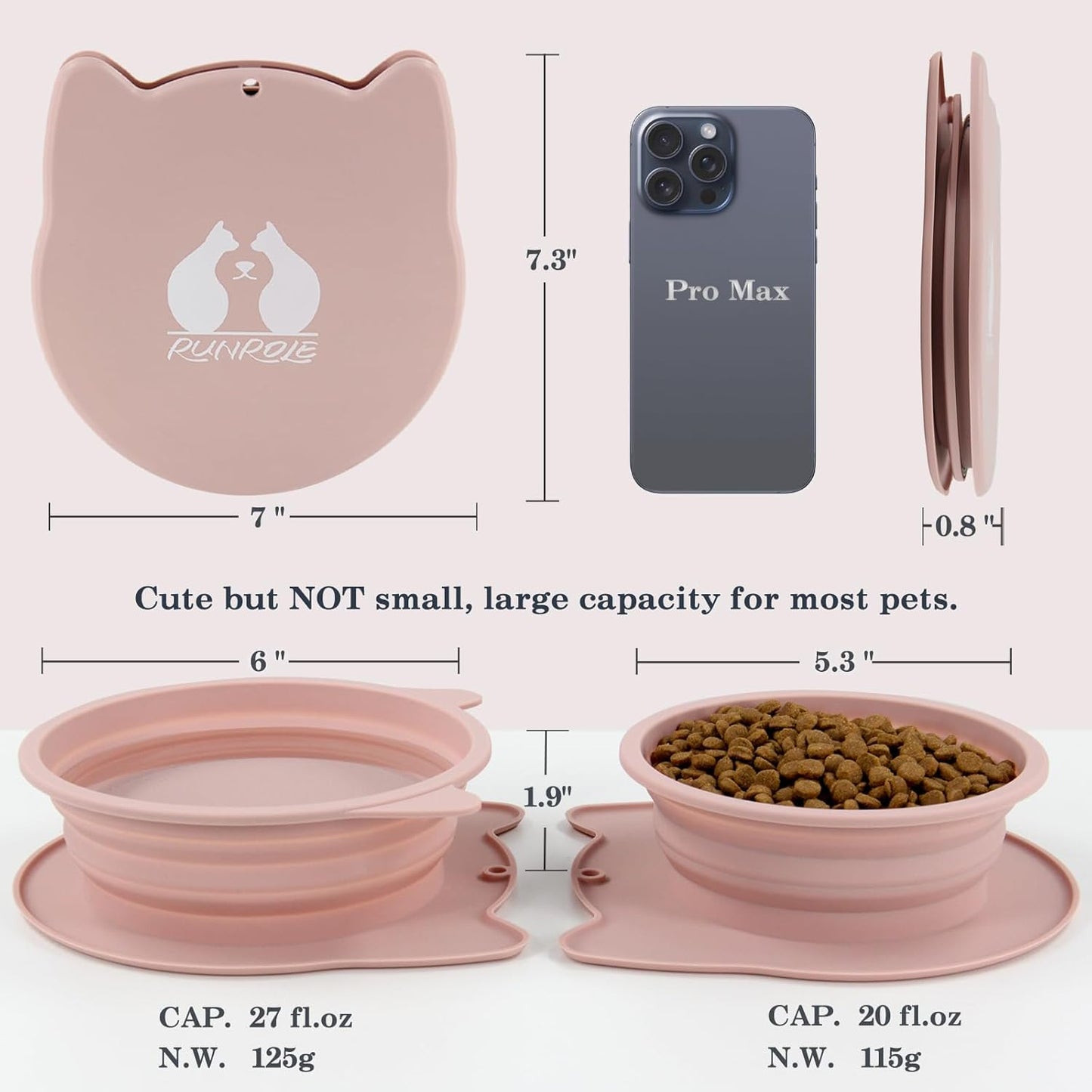 RUNROLE 2-in-1 Collapsible Silicone Dog Travel Bowls, Slot Together and Use Separately, Portable Pet Food Water Bowls, Foldable Cat Feeding Watering Dishes, 20OZ+27OZ(Blush Pink)