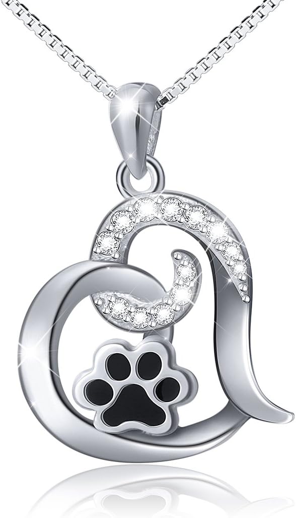 FLYOW 925 Sterling Silver Cute Paw Print Forever Love Heart Pendant Necklace/Bracelet/Stud Earrings Gift for Women, Box Chain 18"