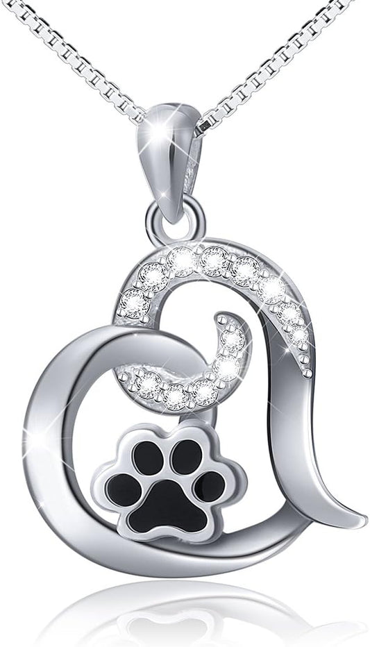 FLYOW 925 Sterling Silver Cute Paw Print Forever Love Heart Pendant Necklace/Bracelet/Stud Earrings Gift for Women, Box Chain 18"