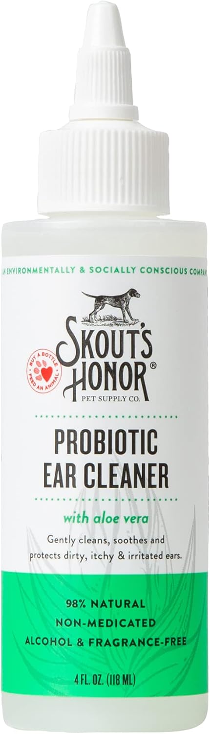 SKOUT'S HONOR Probiotic Dog Ear Cleaner Solution with Aloe Vera - Alcohol-Free, Fragrance-Free, Non-Medicated Ear Wash for Dogs - Microbione Friendly Certified, 4 oz.,