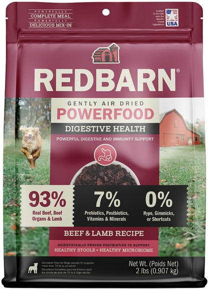 Redbarn Powerfood Air Dried Dog Food for Digestive Gut Health - 93% Beef, Beef Organs & Lamb with Prebiotics & Postbiotics - Non-GMO Dry Full Feed or Topper Made in USA - 2lb