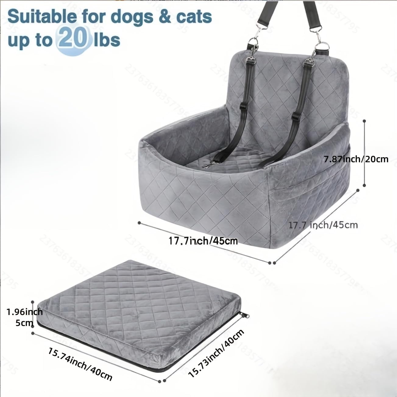 Dog Car Seat for Small & Medium Dogs – Washable & Detachable Pet Booster Seat with Safety Belt, Non-Slip Travel Bed for Cars, Fits Pets Under 20lbs, Storage Pockets(Gray)