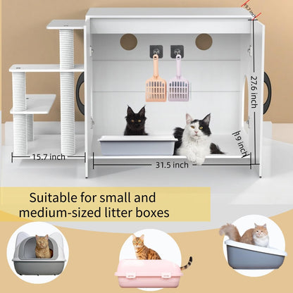 LuckyEnergy 2025 Upgraded 2-in-1 Cat Litter Box Furniture with Cat Tree – Hidden Odor Control Enclosure for 2 Cats, Dual Entry, Ventilation, Modern TV Stand Style