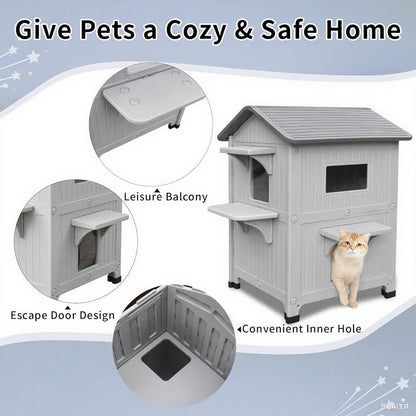 Weatherproof Heated Outdoor Cat House for Feral Cat, 2 Storey Elevated Plastic Insulated Cat Shelter with Escape Door, Expansive Interior‌ Grey 34" D x 21" W x 21.5" H