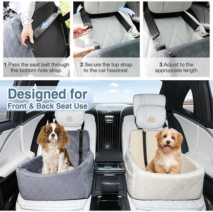 Dog Car Seat for Small & Medium Dogs – Washable & Detachable Pet Booster Seat with Safety Belt, Non-Slip Travel Bed for Cars, Fits Pets Under 20lbs, Storage Pockets(Gray)