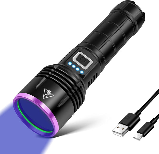 UV Flashlight 20W, 5000 mAh High Power 365nm UV Light, Led Usb Rechargeable Black Light Flashlight for Pet Urine Detection, Resin Curing, Rock Hunting, Traveling, AC Leak,Uranium Glass,Blood Tracking
