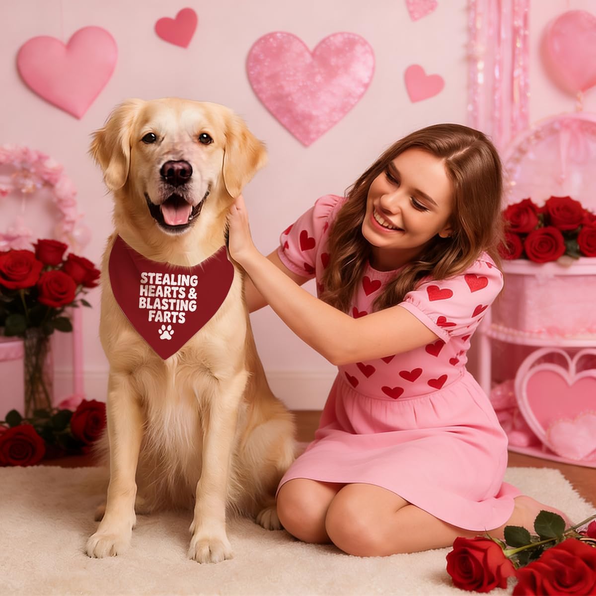 Valentine's Day Dog Bandana, Stealing Hearts and Blasting Farts Quote Pet Bandana, Valentine's Day Pet Photoshoot Accessories, Adjustable Comfortable Triangle Dog Scarf