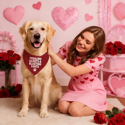 Valentine's Day Dog Bandana, Stealing Hearts and Blasting Farts Quote Pet Bandana, Valentine's Day Pet Photoshoot Accessories, Adjustable Comfortable Triangle Dog Scarf