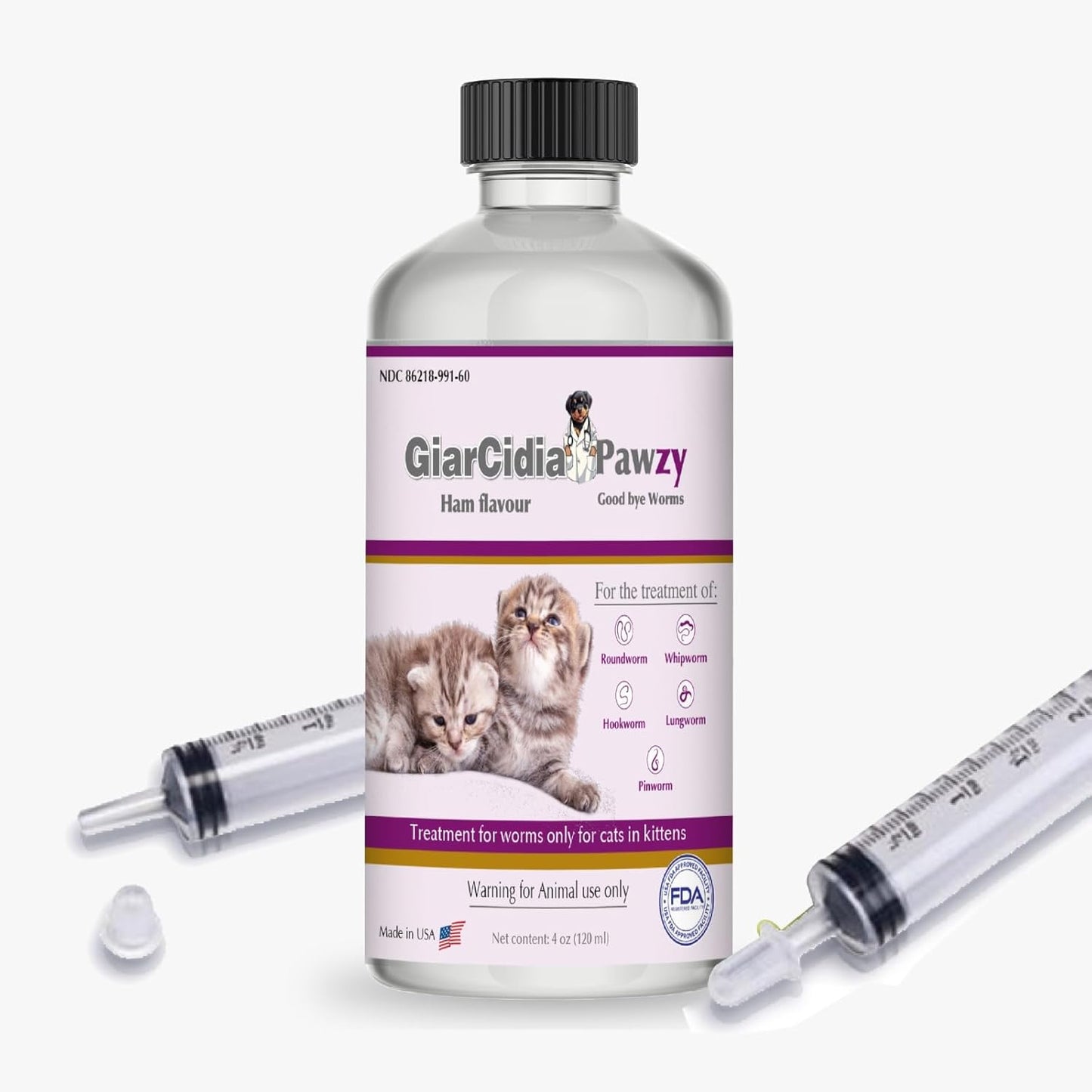 No More Worms in Cats and Kittens - Dewormer for Cats - Ham Flavour with 3ml Dropper